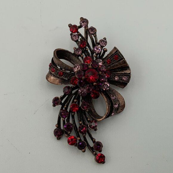 Floral and Bow Brooch Pin with Pink & Red Stones - Picture 2 of 7